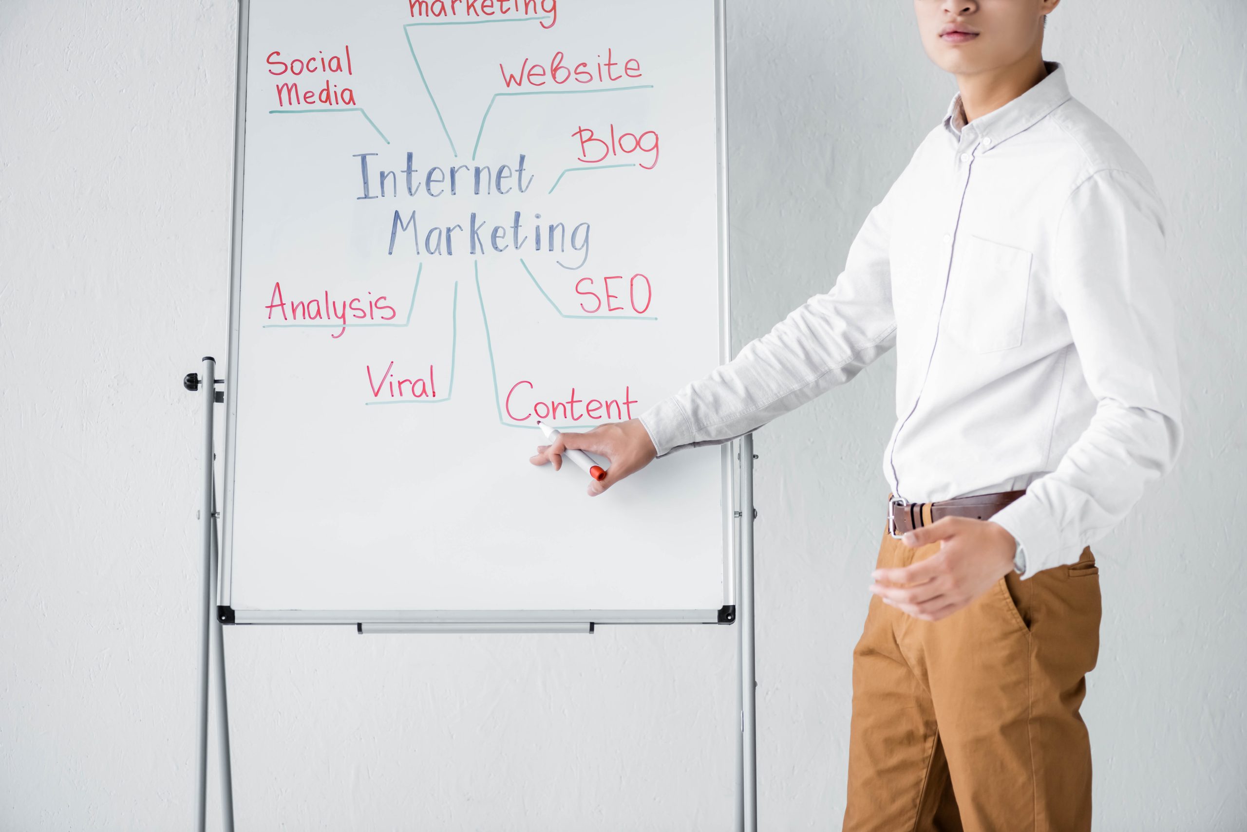 cropped view of seo manager pointing with hand at flipchart with concept words of internet marketing